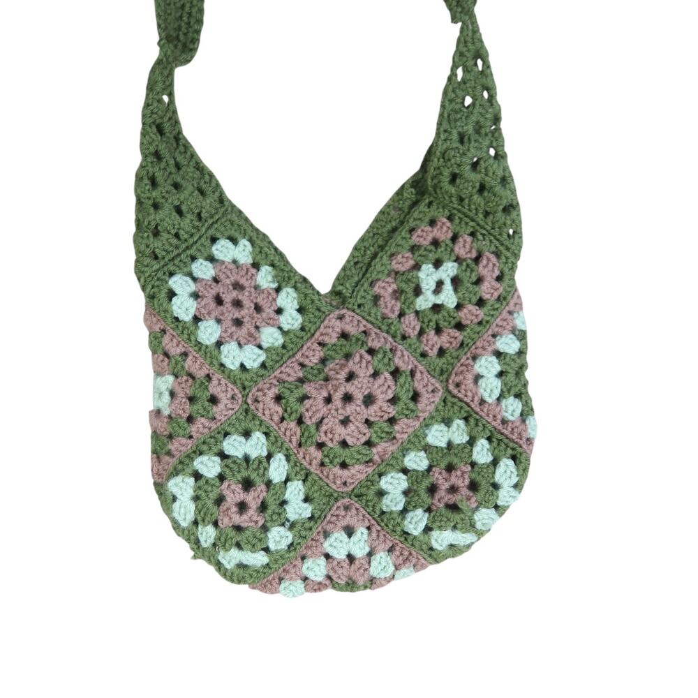 Vintage Handmade Olive Green Granny Square Crochet Knit Crossbody Bag Purse - Picture 2 of 5